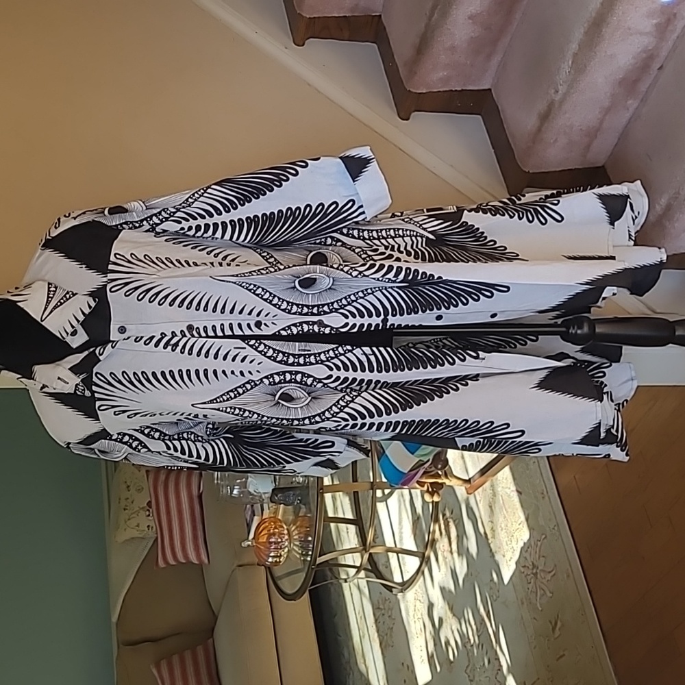 Step In Style Peacock Feather Art Print Button Down High-Low Boho Tunic Shirt